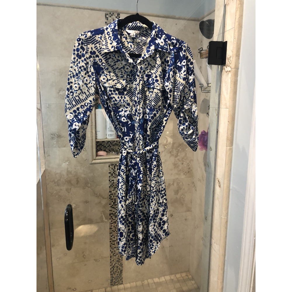 Cabi Shirt Dress Small Geometric Print Blue Belted Sleeve Womens Work